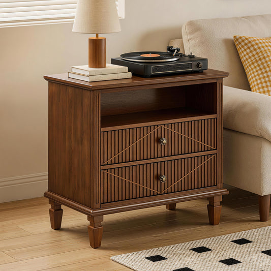 Farmhouse Nightstand with Charging Station, 2-Drawer Engineered Wood Storage Cabinet, Bedside Table for Bedroom