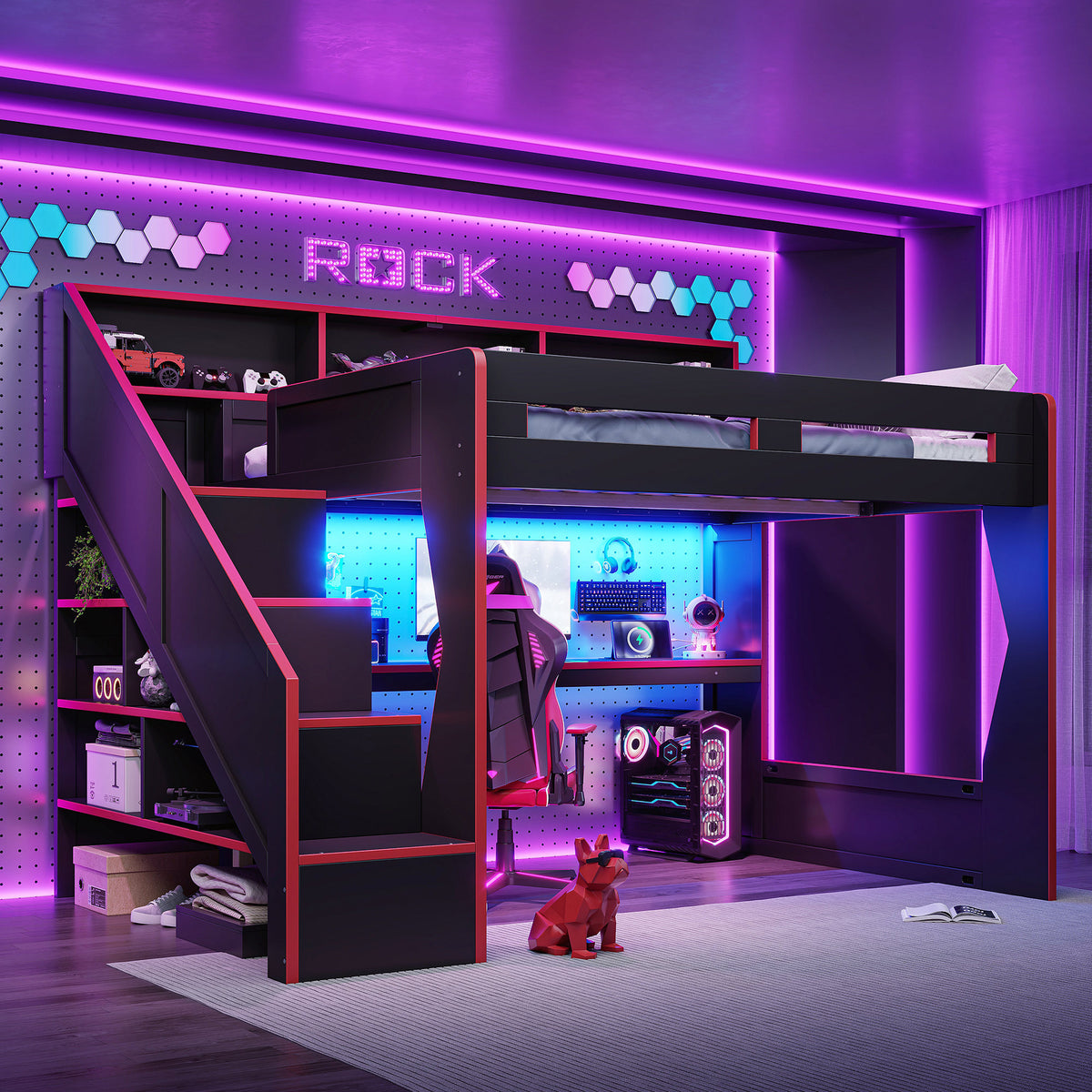 Queen Size Gaming Loft Bed with Storage Stair & Open Headboard Shelves, LED Light & USB Charging Desk, Elevated Loft Bed Frame with House-Shaped Cutout Design for Gamers,Black&Red
