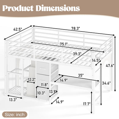 Twin Metal Low Loft Bed for Kids, Low Loft Bed with Storage Drawer, Low Loft Bed with Bookshelf & Built-in Desk, Sturdy Low Loft Bed Frame, Multi-Function Low Loft Bed for Kids.White