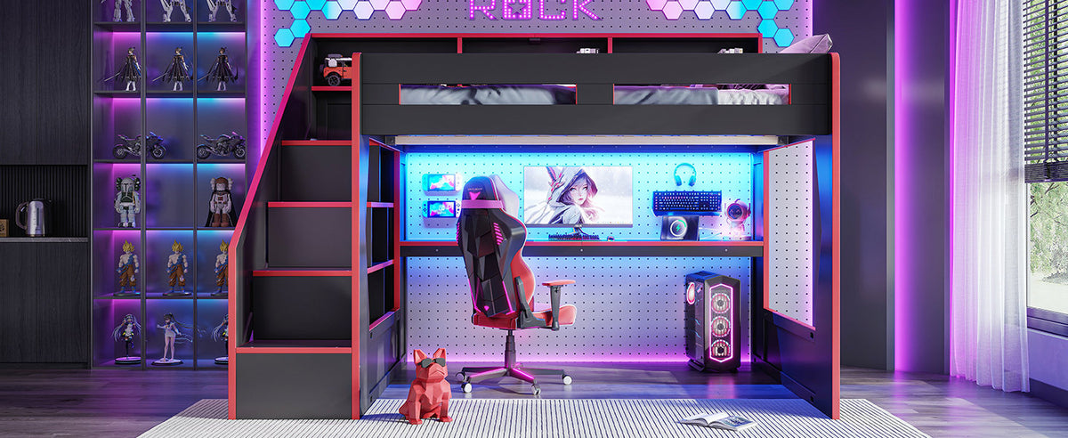 Queen Size Gaming Loft Bed with Storage Stair & Open Headboard Shelves, LED Light & USB Charging Desk, Elevated Loft Bed Frame with House-Shaped Cutout Design for Gamers,Black&Red