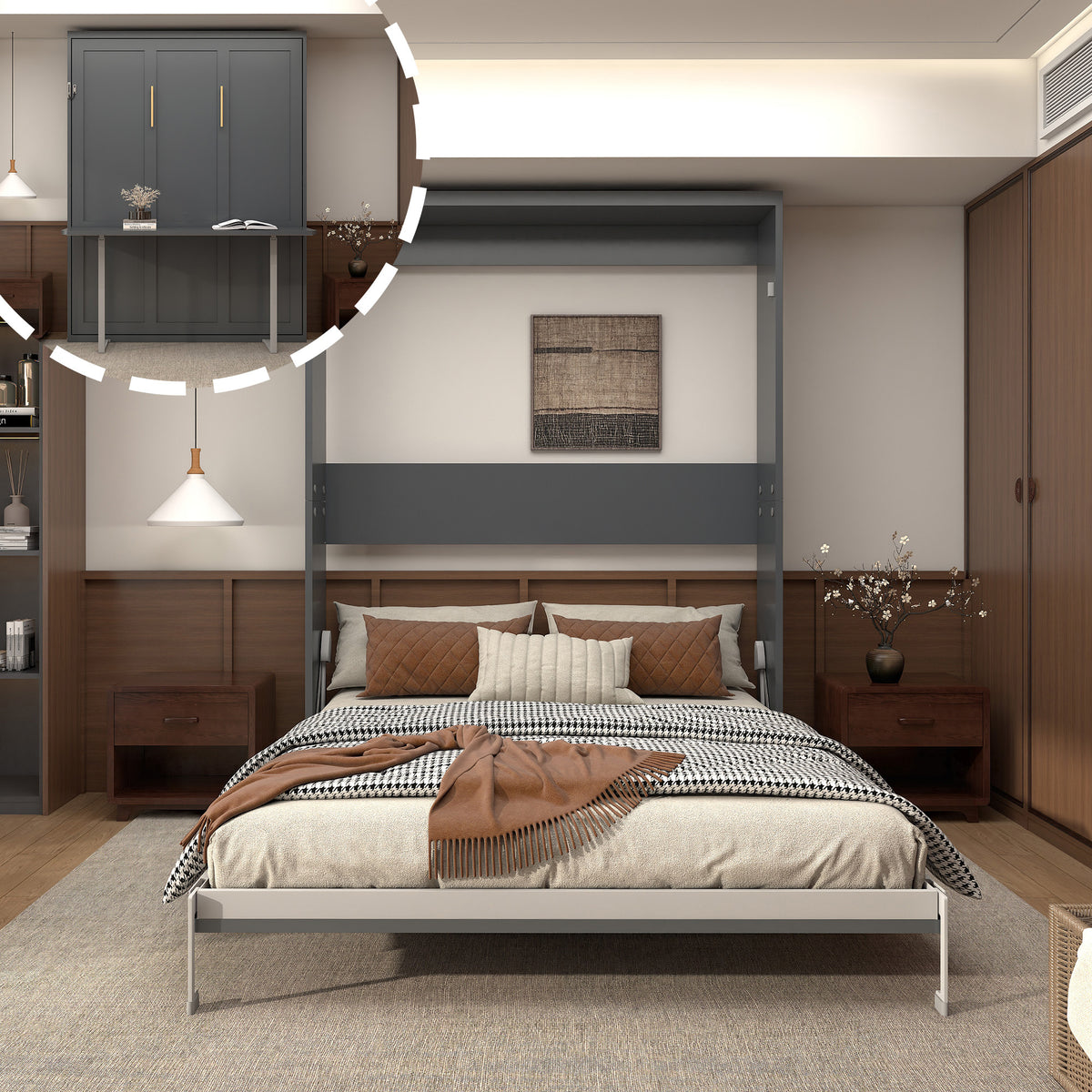 Folding Hideaway Murphy Wall Bed Queen Vertical Murphy Bed with Desk, Space Saving Desk Wall Bed for Adult,Guest Room,Grey