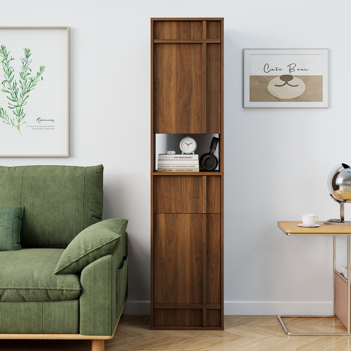 Tall Narrow Storage Cabinet, Wooden Freestanding Bookshelf with Doors & drawer, Slim Display Bookcase for Living Room, Bedroom, Home Office