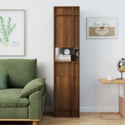 Tall Narrow Storage Cabinet, Wooden Freestanding Bookshelf with Doors & drawer, Slim Display Bookcase for Living Room, Bedroom, Home Office