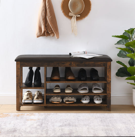 A height-adjustable long shoe-changing bench,made of natural rubberwood,comes with a comfortable seat,concealed storage space and large storage compartments, featuring charcoal-grained wood ,Vintage