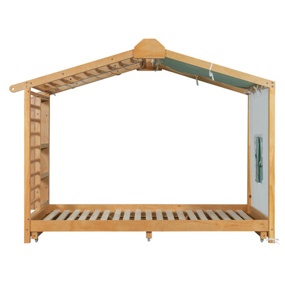 Twin Size House Bed with Twin Size Trundle and Side Shelves, Natural