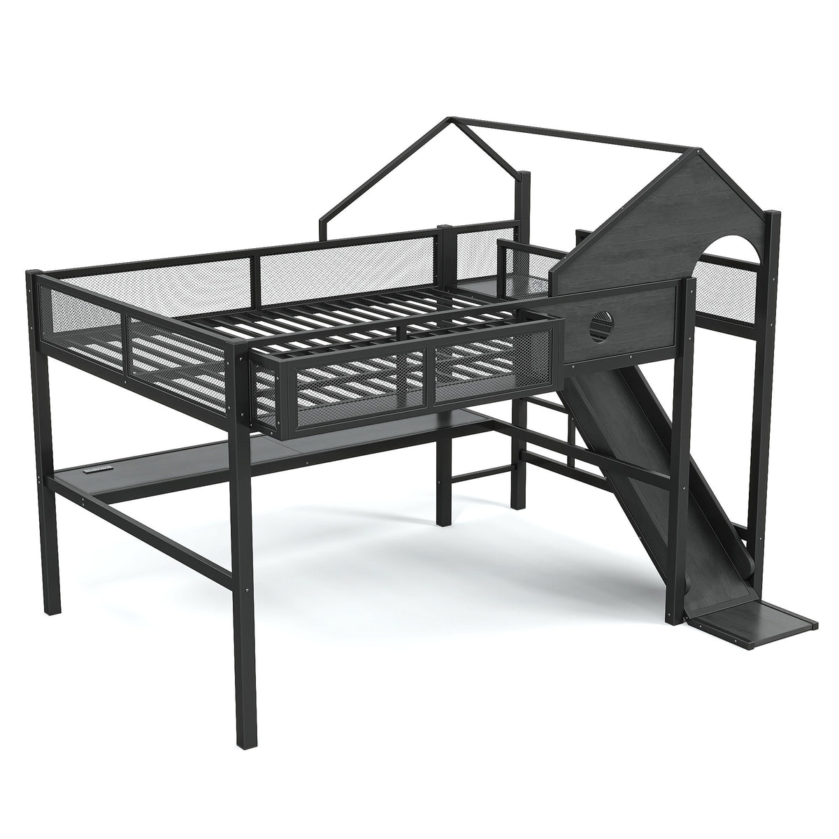 Queen Size Multifunctional Loft Bed with Slide, Desk,and Storage Shelves, Metal Loft Bed Frame With USB Ports And Led Lights, Triangular Geometry House Design, Black