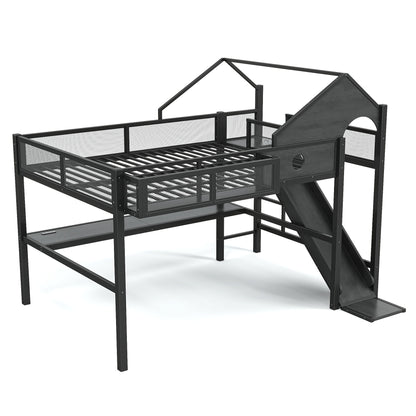 Queen Size Multifunctional Loft Bed with Slide, Desk,and Storage Shelves, Metal Loft Bed Frame With USB Ports And Led Lights, Triangular Geometry House Design, Black