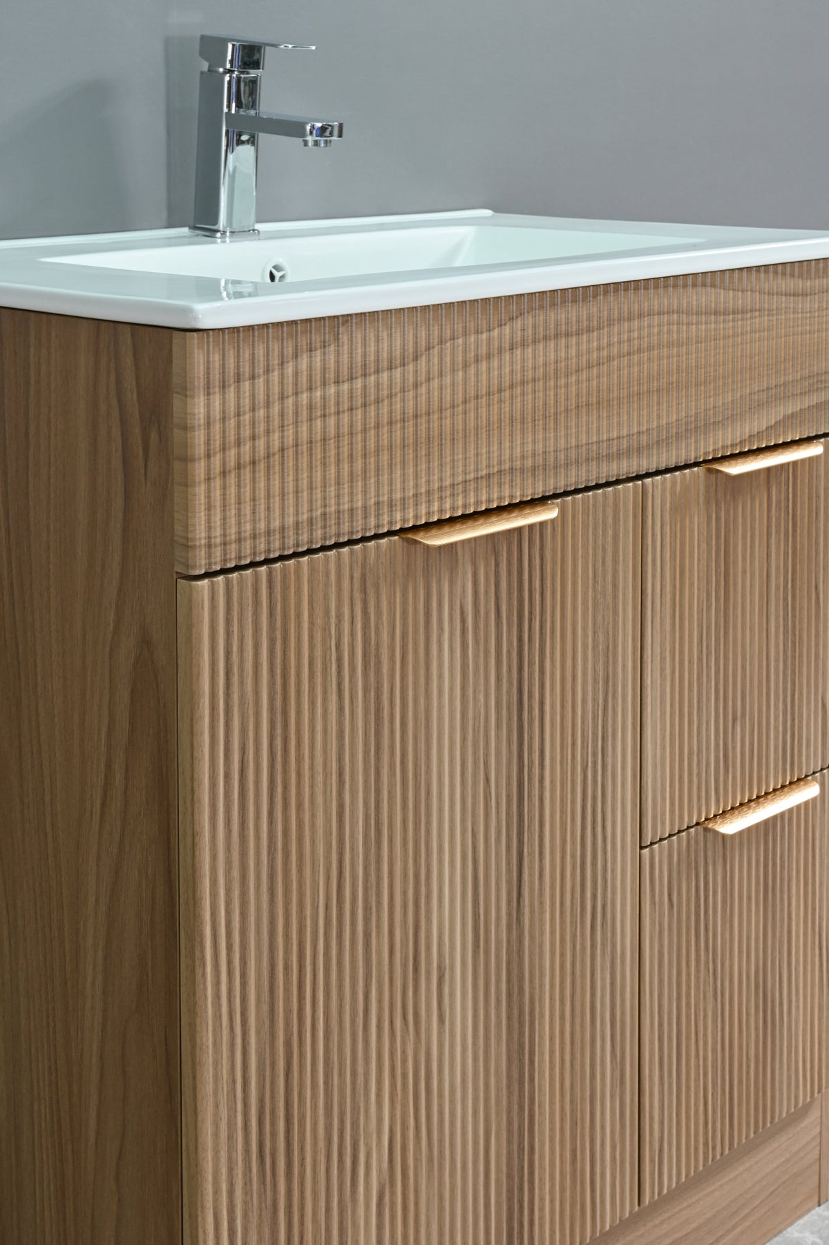 Goodyo 30" Mid-Century Modern Bathroom Vanity with White Ceramic Sink Combo Set, Freestanding Fluted MDF Cabinet with 1 Door and 2 Drawers, Gold Finish Handles, Natural Walnut Pattern