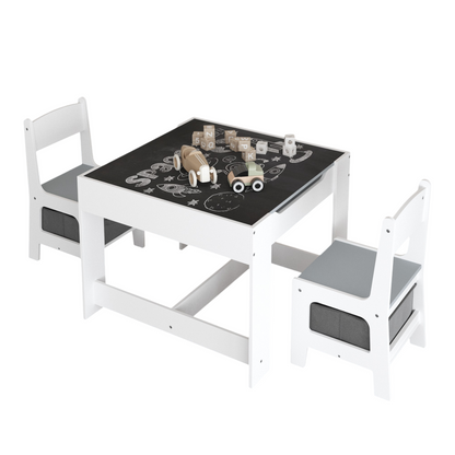 Kids Table and Chair Set, 3-in-1 Wooden Activity Table with Storage Drawer for Toddlers Drawing, Reading, Crafts, 2-in-1 Detachable Top in White+Gray MDF