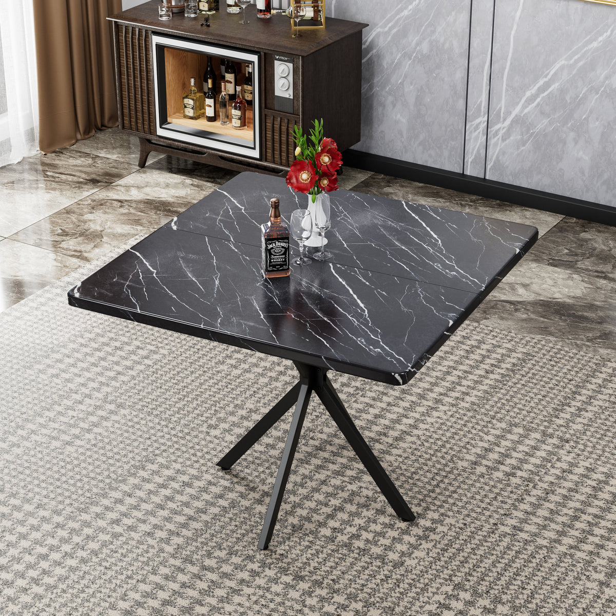 Square Dining Table Set, Mid Century Modern Square Dining Table for 4 Person, Faux Marble Tabletop, Iron Legs, Coffee Table, Save Space