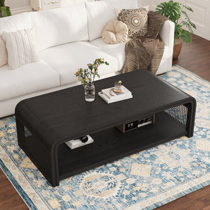 Curved Rectangular Coffee Table with Rattan Sides, 2-Tier Storage Wooden Center Table,Boho Farmhouse Low Tea Table,suitable for Living Room,Apartment, Home Decor,Black