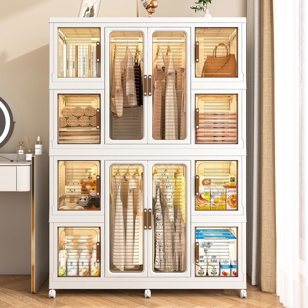 Portable Wardrobe Closet Storage Organizer for Clothes with Magnetic Doors, 12 Cubes & 2 Hanging Rods, White