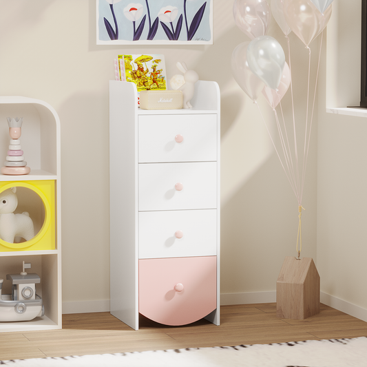 Kids Dresser with 4 Drawers, Narrow Storage Cabinet for Kids Room, MDF Chest of Drawers with Round Bottom Design, Nursery Bedroom Organizer, White