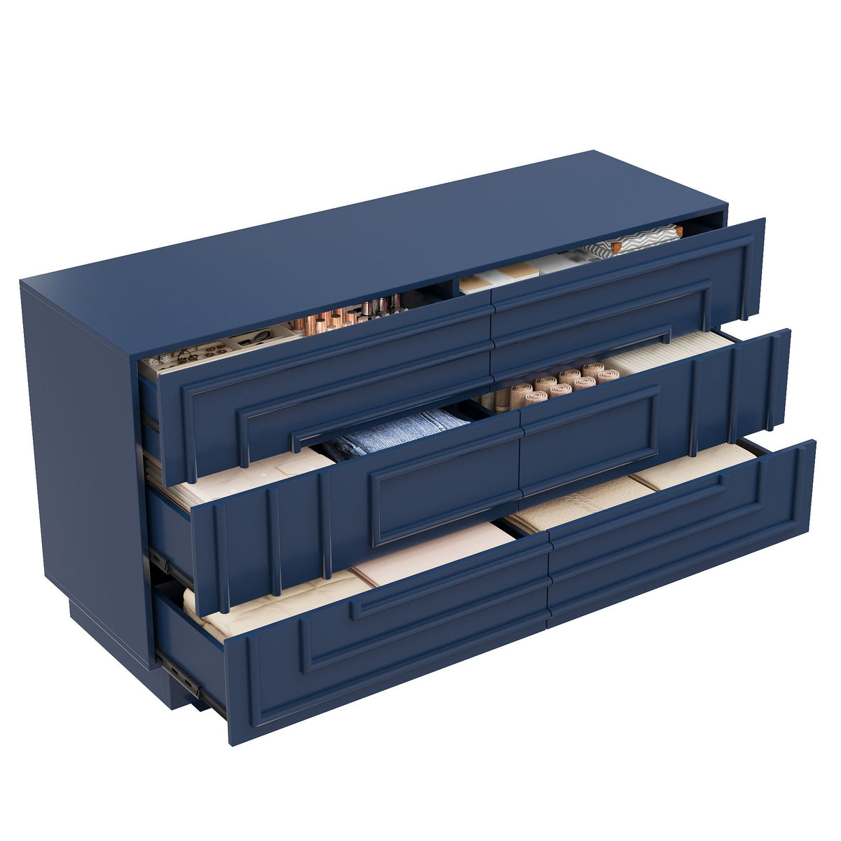 Mid Century 6-Drawer Dresser for Bedroom, 57.2" Wide Modern Push-to-Open Chest of Drawers, TV Stand for Living Room, Thickened Base,Vanity Desk, Drawers Organizer Furniture, Hallway,Deep Sea Blue