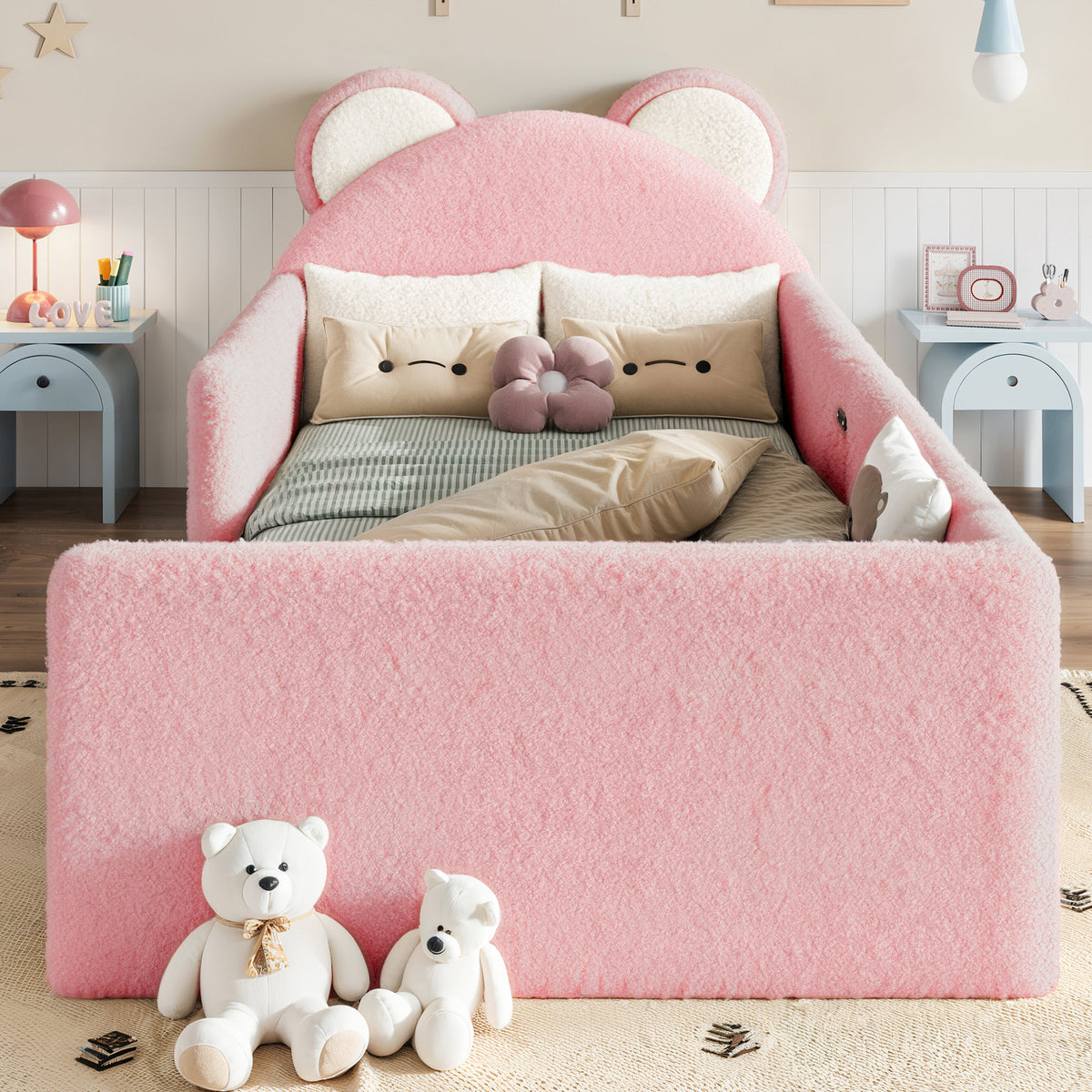 Twin Upholstered Kids Bed, Cute BearShaped Upholstered Floor bed, Children Bed Frame with Removable MagicTape Headboard, Low Floor Bed for Kids,White&Pink