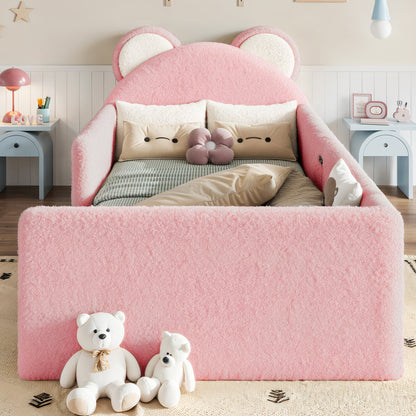 Twin Upholstered Kids Bed, Cute BearShaped Upholstered Floor bed, Children Bed Frame with Removable MagicTape Headboard, Low Floor Bed for Kids,White&Pink