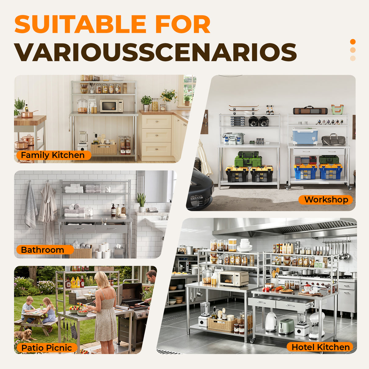 Stainless Steel Table with Shelves and Drawer, Stainless Steel Work Table with Overshelves, Adjustable Shelf and Hooks, Kitchen Prep Table for Commercial Kitchen, Restaurant and Garage