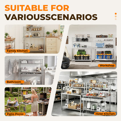 Stainless Steel Table with Shelves and Drawer, Stainless Steel Work Table with Overshelves, Adjustable Shelf and Hooks, Kitchen Prep Table for Commercial Kitchen, Restaurant and Garage