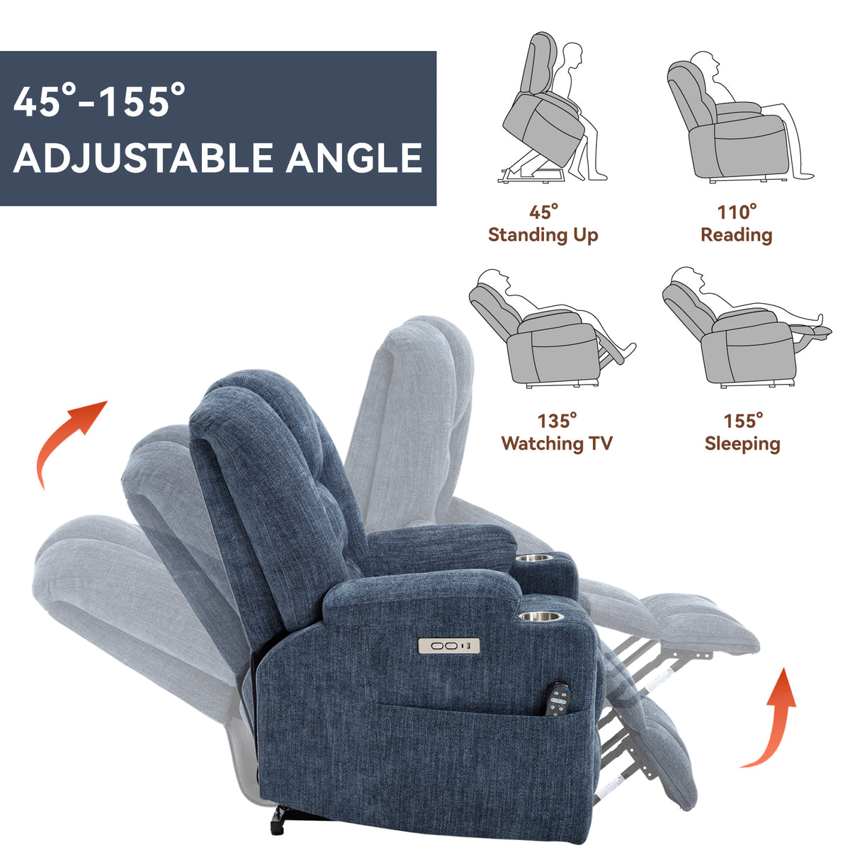 Power Lift Recliner Chair with Massage and Heat for Elderly, Overstuffed Wide Recliners, Heavy Duty Motion Mechanism with USB and Type C Ports, 2 Steel Cup Holders, Blue