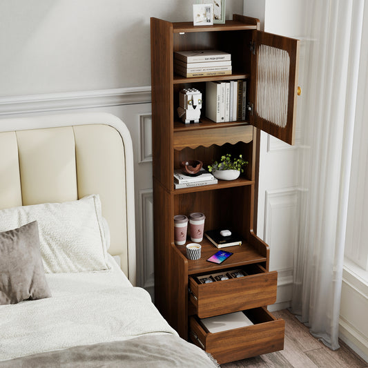 Tall Nightstand with  Glass Door, Mid-Century Modern Bedside Table with Open Shelves and 2 Drawers, Walnut Wood Night Stand & Bookshelf for Bedroom, Living Room