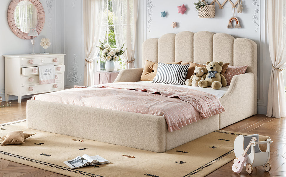Queen Teddy Fabric Upholstered Floor bed, Stylish Upholstered Kids bed, Low Profile Children Bed Frame, Soft Plush Upholstered Floor bed for Kids &Teens.Beige