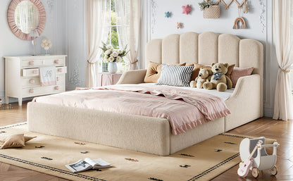 Queen Teddy Fabric Upholstered Floor bed, Stylish Upholstered Kids bed, Low Profile Children Bed Frame, Soft Plush Upholstered Floor bed for Kids &Teens.Beige