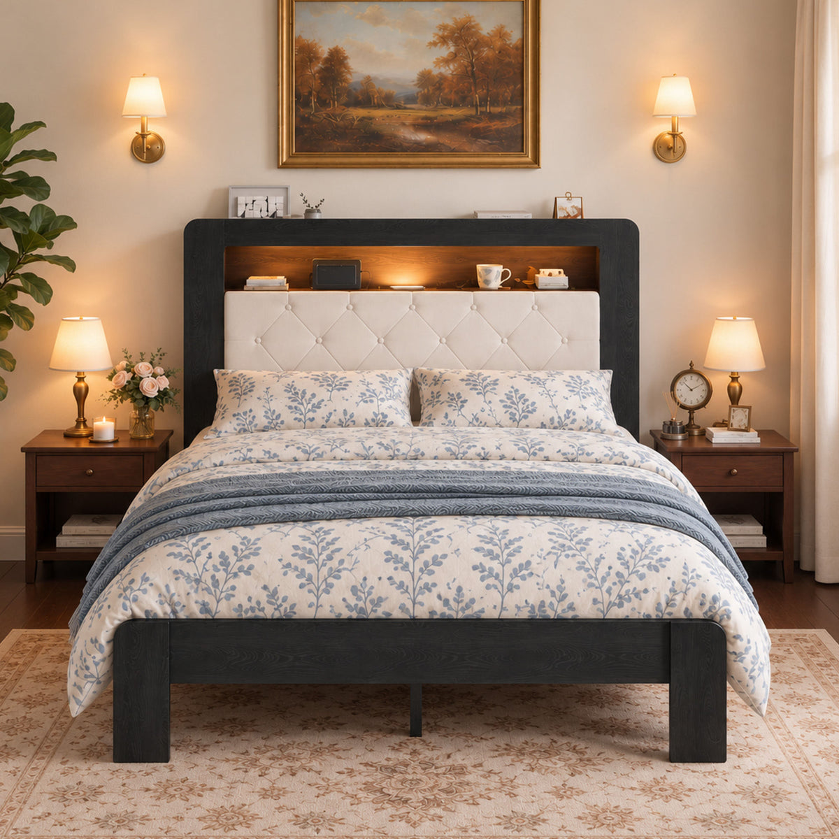 Queen Platform Bed Frame, Black Wood Look Frame with Soft Velvet , Sturdy Wood Slat Support System, Easy to Assemble, No Box Spring Required, Luxury Bedroom Furniture