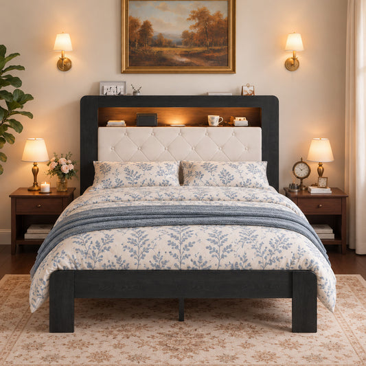 Queen Platform Bed Frame, Black Wood Look Frame with Soft Velvet , Sturdy Wood Slat Support System, Easy to Assemble, No Box Spring Required, Luxury Bedroom Furniture