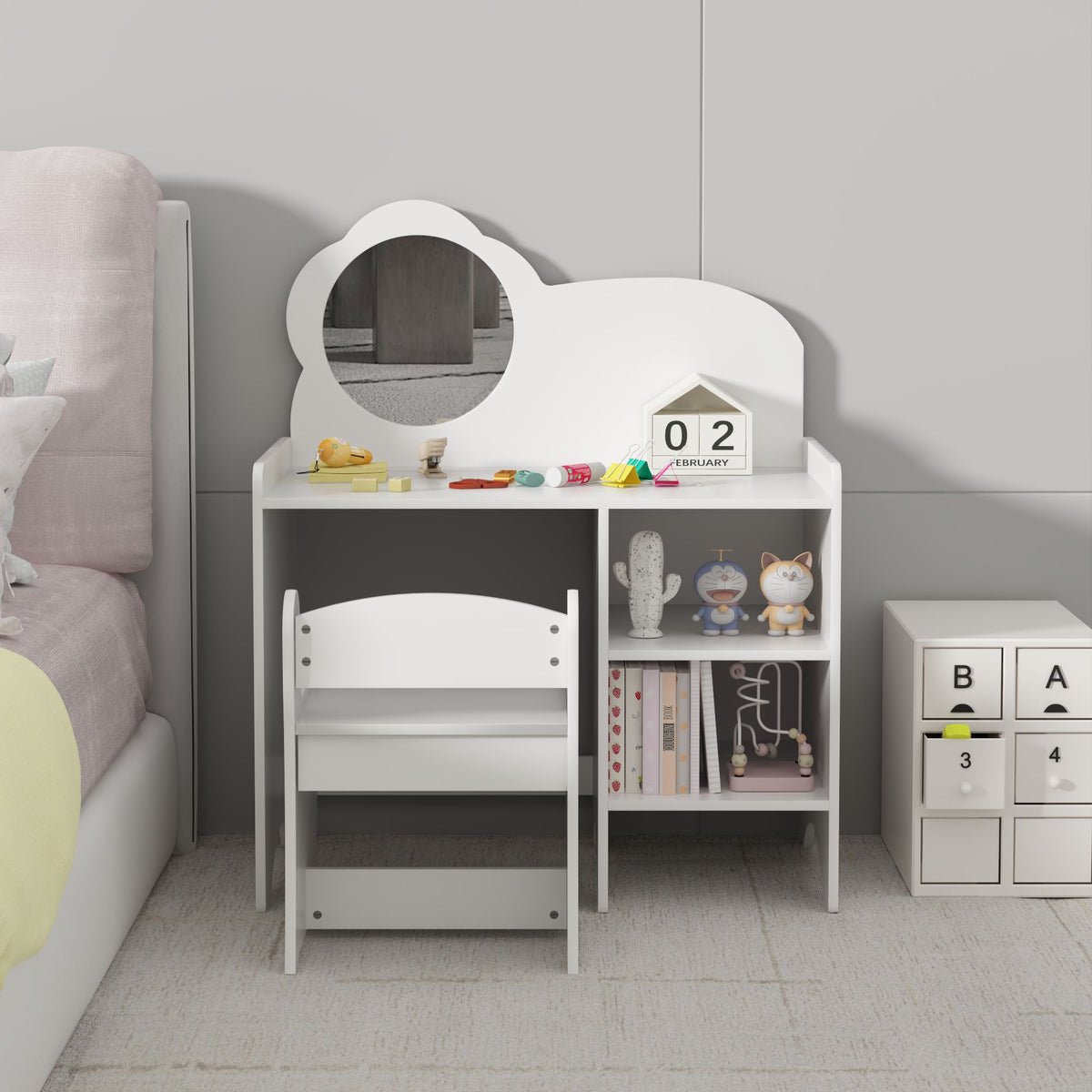 Kids Vanity Table with Mirror and Chair, Wooden Children's Dressing Makeup Desk with Storage Shelves