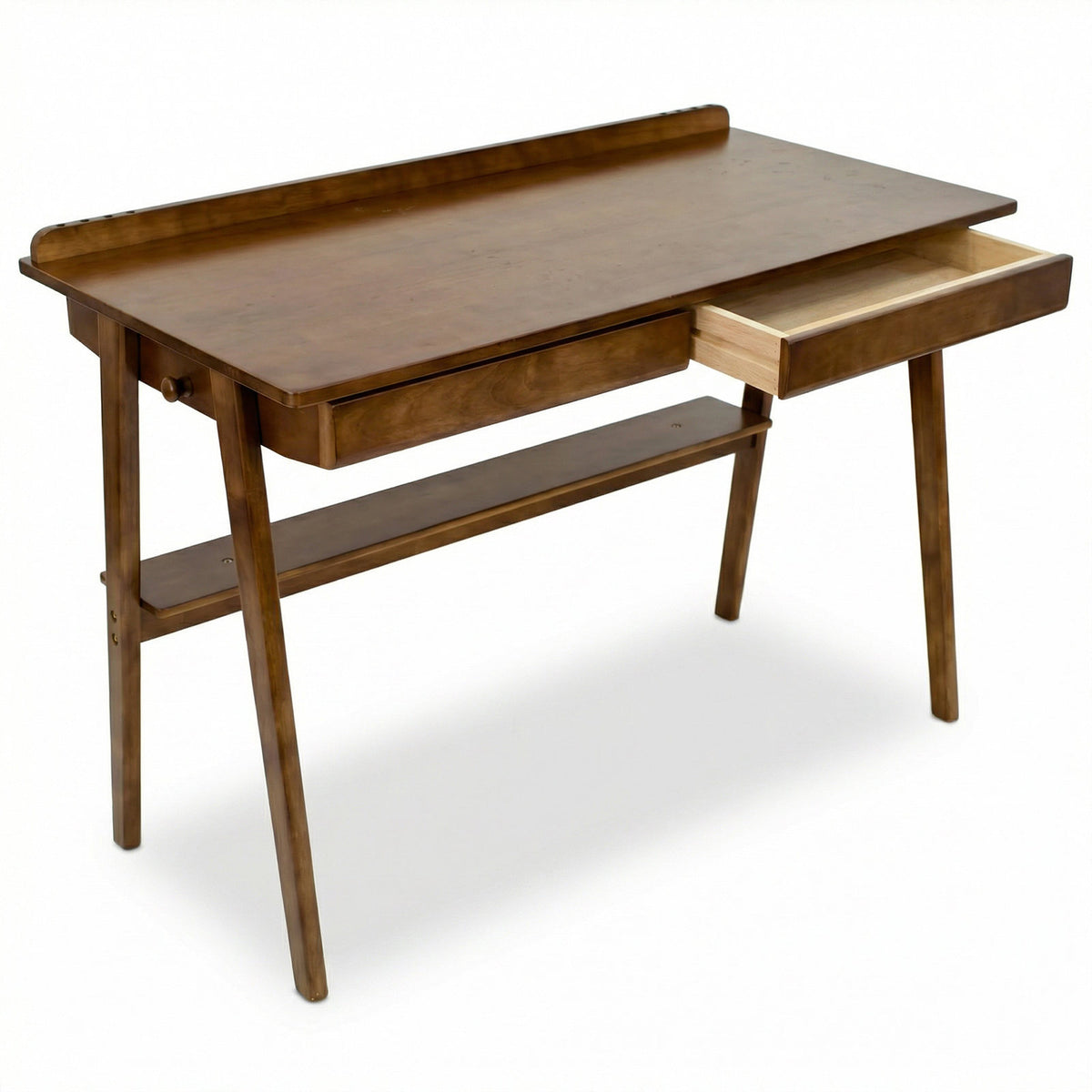 Solid Wood Writing Desk, Home Office Desk, Mid Century Modern Desks with 2 Drawers & Storage Shelf, Standing Desk with Side Hooks - Walnut