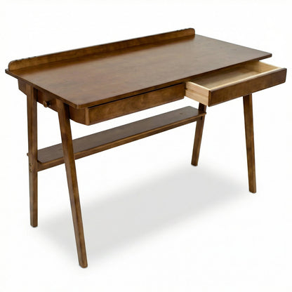 Solid Wood Writing Desk, Home Office Desk, Mid Century Modern Desks with 2 Drawers & Storage Shelf, Standing Desk with Side Hooks - Walnut