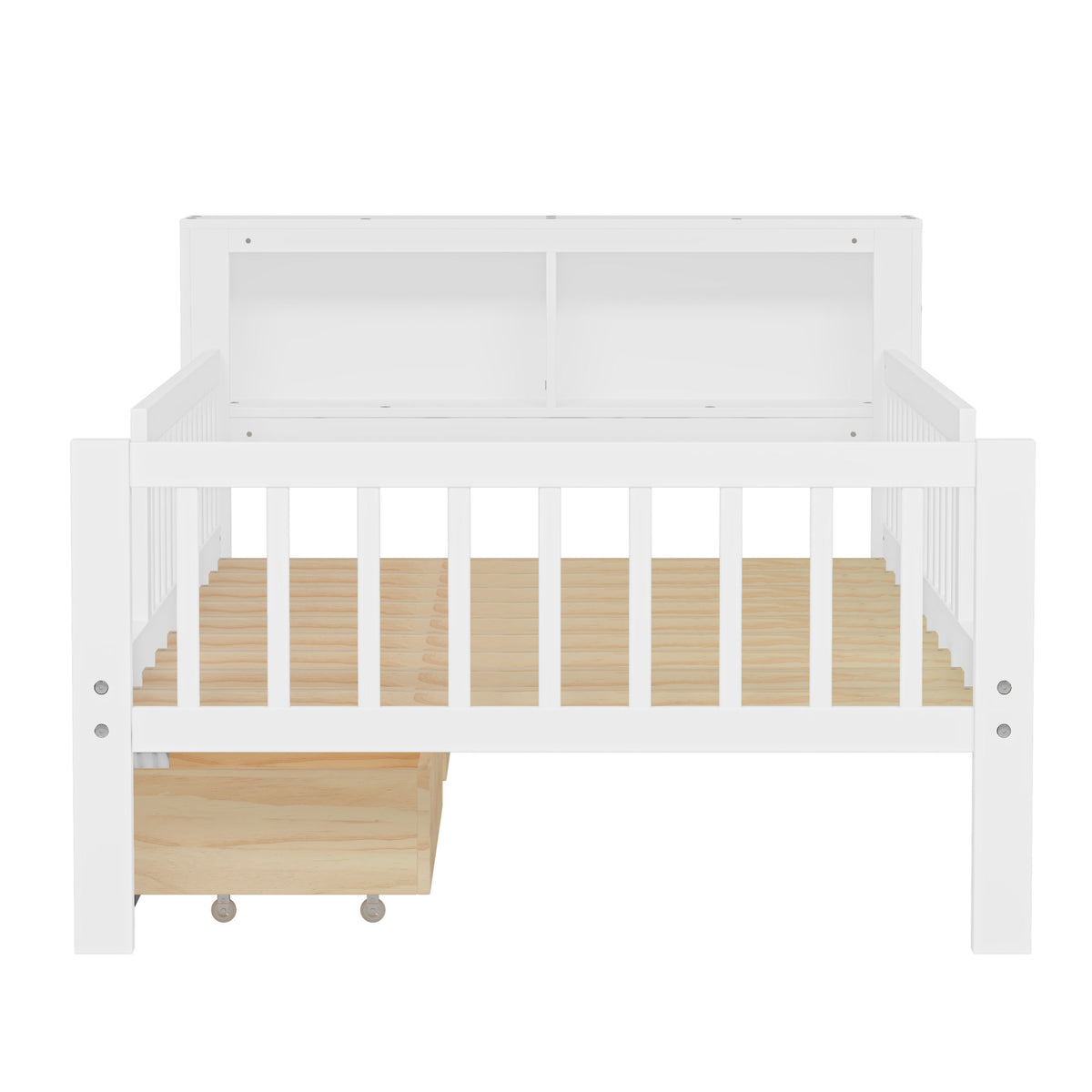 Twin Size Bed with Headboard Storage Rack, Two Under-Bed Drawers, Three-Side Guardrails for Safety and Security, White