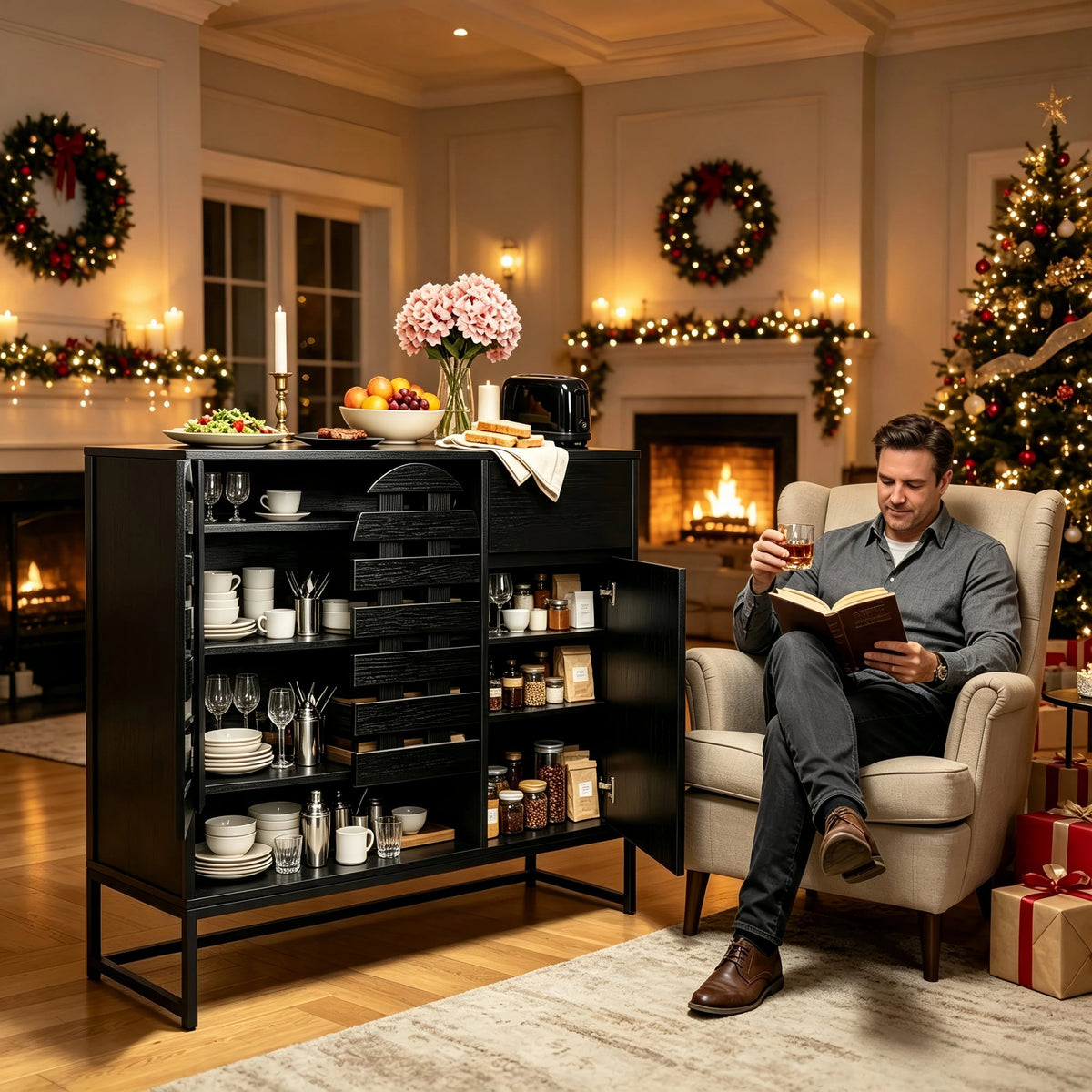Buffet Cabinet with Storage: 44.49"Black Woven Door Accent Cabinets,with Arched Doors,with Multi layer Adjustable,with Metal Leg,woven door and drawer - for Kitchen Living Dining Room Entryway
