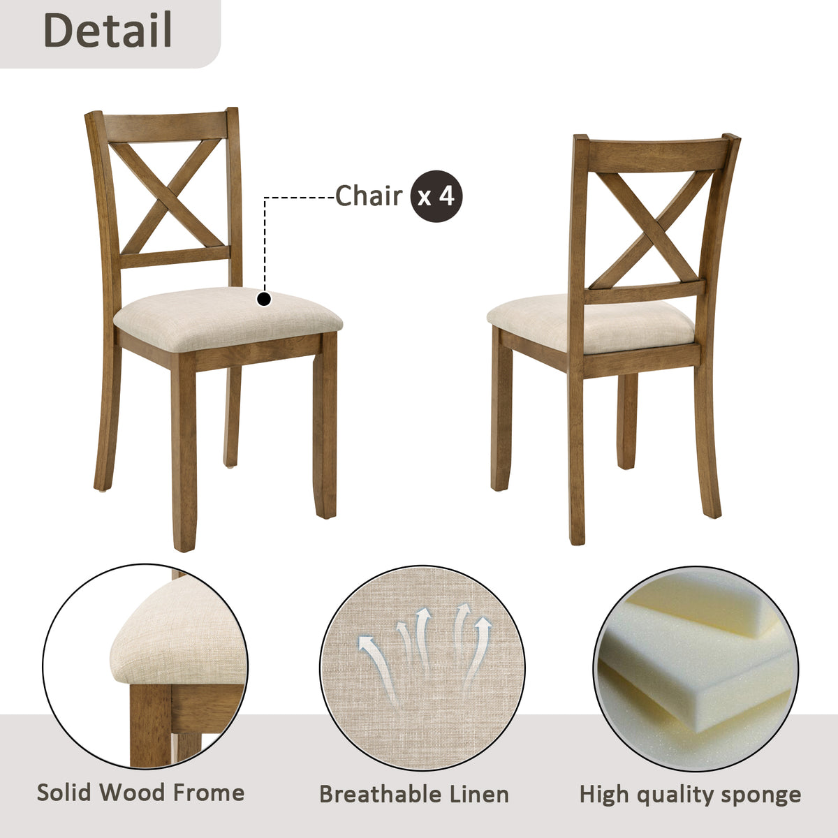Elegant 5-Piece Oak Dining Table Set for 4 – Modern Wooden Kitchen & Dining Room Furniture with 4 Upholstered Chairs – Space-Saving Square Dining Set for Small Spaces, Living Room & Apartment