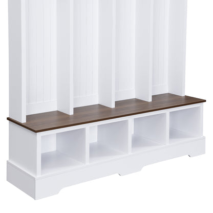 Farmhouse Hall Tree with 8 Hooks, Practical Entryway Bench with Open Compartments, 76.7"H Modern 3-in-1 Wooden Style Coat and Shoe Rack for Mudroom, Living Room, White (OLD SKU: N721S000075K)