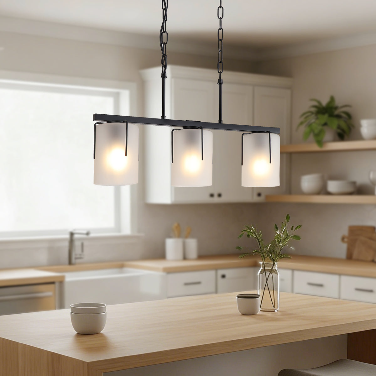 Minimalist 3-Light Linear Chandelier, Matte Black Pendant Lighting with Frosted Glass Shades, E26 Base Adjustable Ceiling Fixture