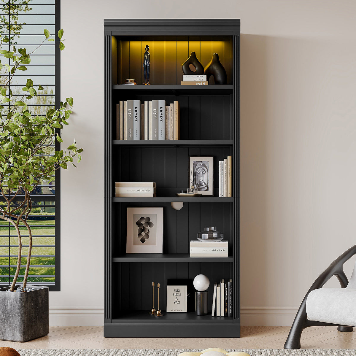 83.4' Tall Wood Bookcase with light strip,5-Tier Decor Bookshelves with Adjustable Shelves,Storage Organizer for CDs/Books/Movies,Free Standing Storage Shelves for Living Room,Home Office,Black