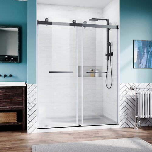 Matte Black 56-60 in.W x 76 in.H 1/4"(6mm) Frameless Sliding Door Bypass Glass Sliding Shower Doors Clear Tempered Glass Heavy Duty Stainless Steel Hardwares 2pcs Rectangle Handles