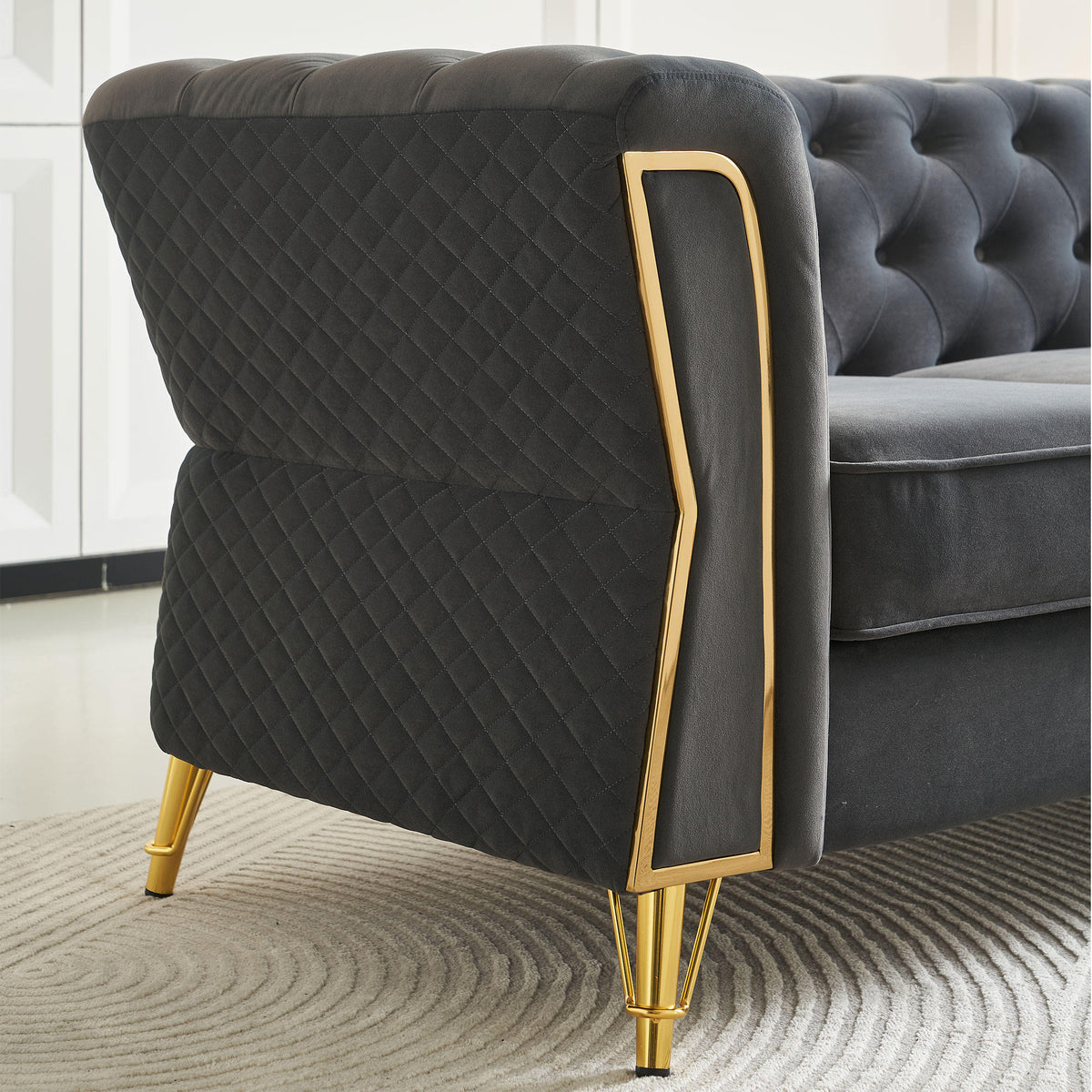 Modern Tufted Velvet Sofa 87.4 inch for Living Room Dark Grey Color