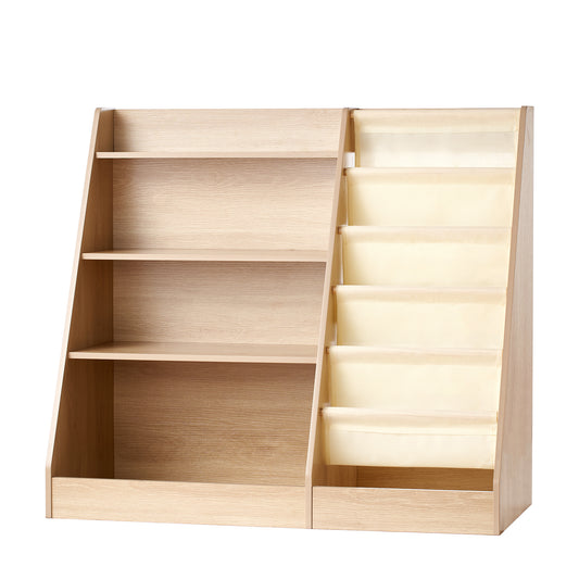 Wooden Kids Bookshelf 4-Tier, Toy Storage Organizer for Toddler, Book Shelf for Kids Rooms with 6-Layer Sling Book Rack