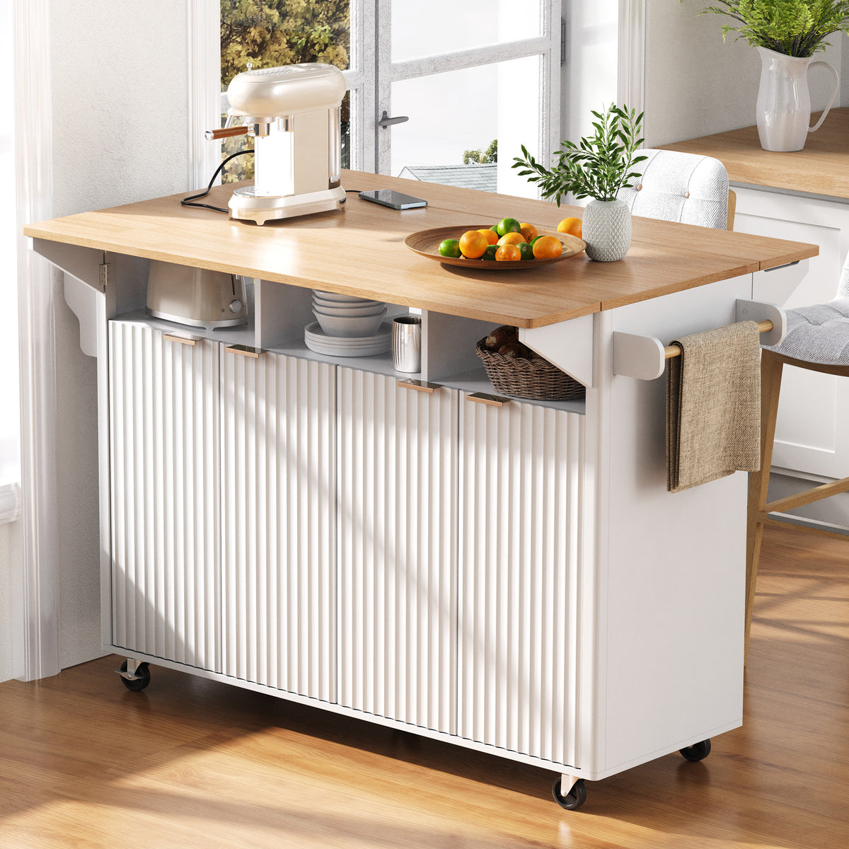 K&K 55.5' Fluted Kitchen Island with 2 Drop Leaf, Kitchen Storage Cart with Power Outlet, 4 Doors, Spice rack, Rolling Island Table with Wood-grain Top, Curved Edge for Kitchen, Dining Room,White