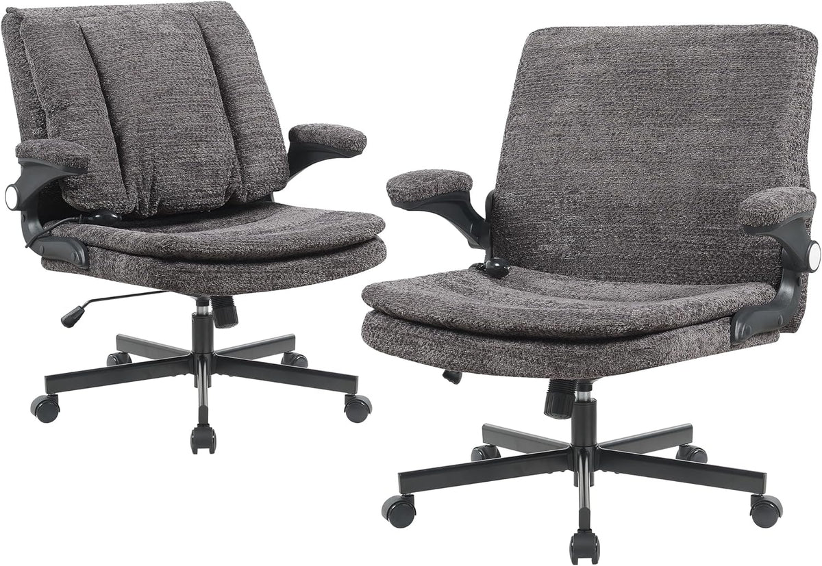 Criss Cross Legged Office Chair with Flip-Up Back Built-In Dynamic Airbag Lumbar Support, Wide Seat Desk Chair with Flip-Up Arms and Wheels, Modern Cross-Leg Chair for Home Office, Vanity,Gray.
