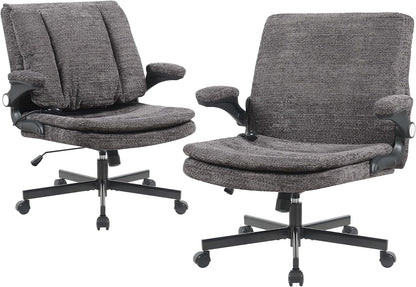 Criss Cross Legged Office Chair with Flip-Up Back Built-In Dynamic Airbag Lumbar Support, Wide Seat Desk Chair with Flip-Up Arms and Wheels, Modern Cross-Leg Chair for Home Office, Vanity,Gray.