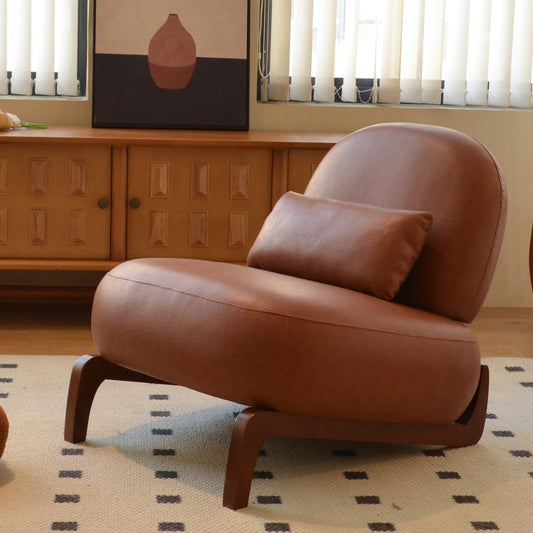 Cute Accent Chair with Solid Wood Legs, Faux Leather Living Room Chair with Soft Cushion, Cozy Bedroom Chair, Comfy Armless Reading Chair for Apartment, Waiting Room, Balcony (Brown)