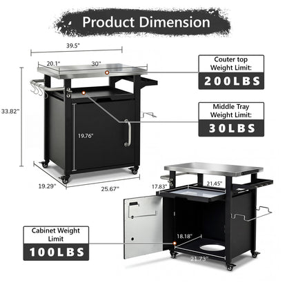 K&K 39.5" Outdoor Grill Cart with Storage Cabinet, Outdoor Bar Cart Pizza Oven Table with Wheels, Stainless Steel Top