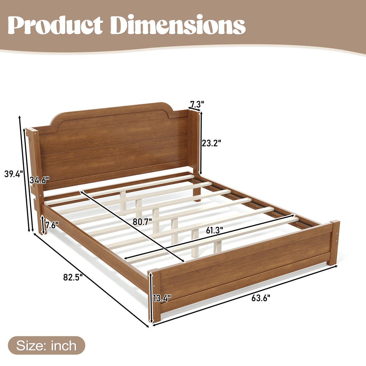 Queen Solid Wood Platform Bed with Headboard Brown Finish & Minimalist Design, Easy Assembly, No Box Spring Needed Traditional Wood Bed Frame.Brown
