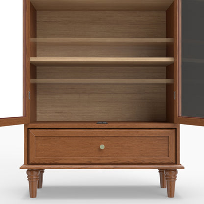 Vintage Farmhouse Arched Glass Accent Cabinet, MDF Real Wood Veneer Display Storage Cabinet with Solid Wood Legs, Adjustable Shelves & Drawer, Antique Glaze Finish