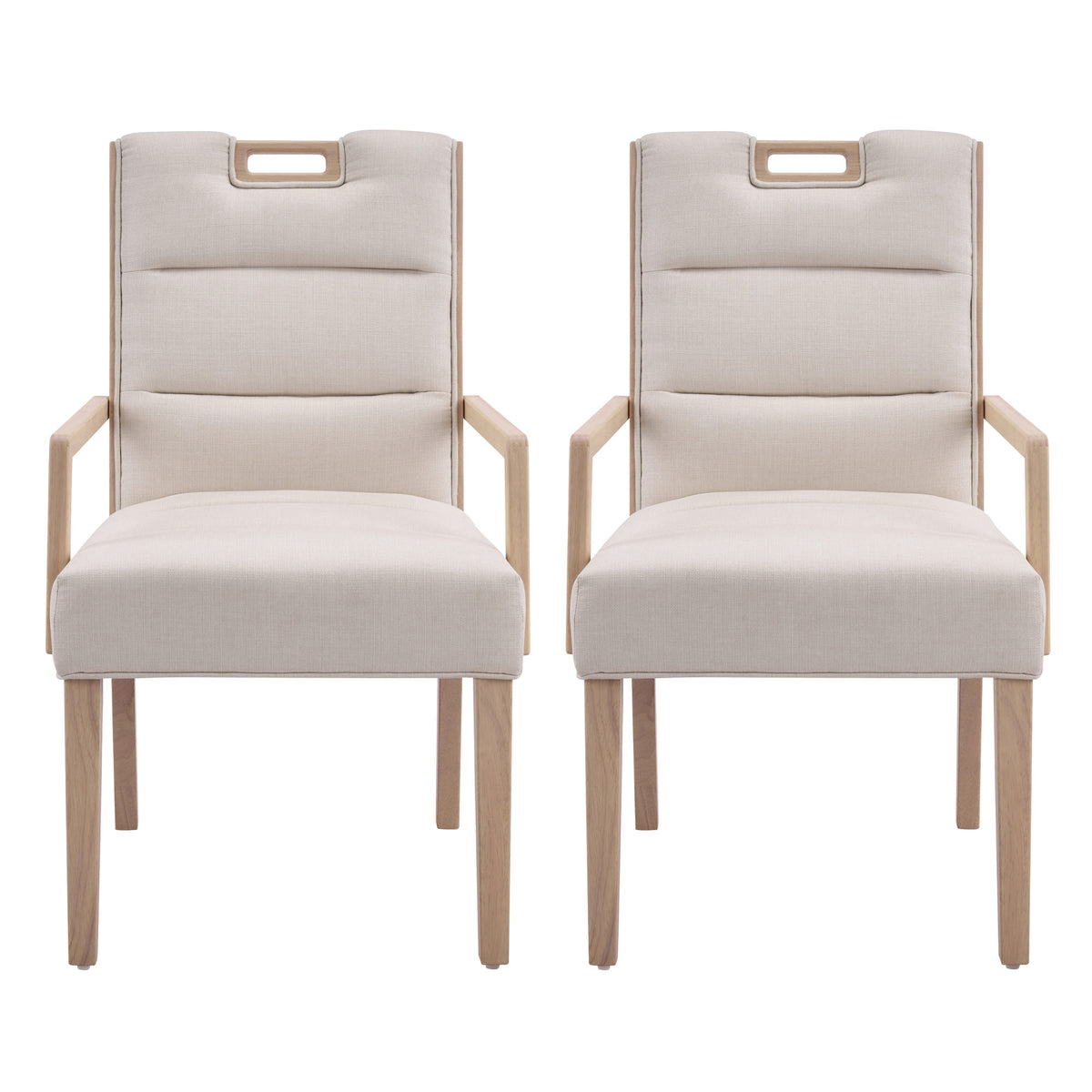 Upholstered Dining Chairs with Armrests, Beige Fabric & Natural Rubber Wood Frame, Set of 2