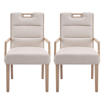 Upholstered Dining Chairs with Armrests, Beige Fabric & Natural Rubber Wood Frame, Set of 2