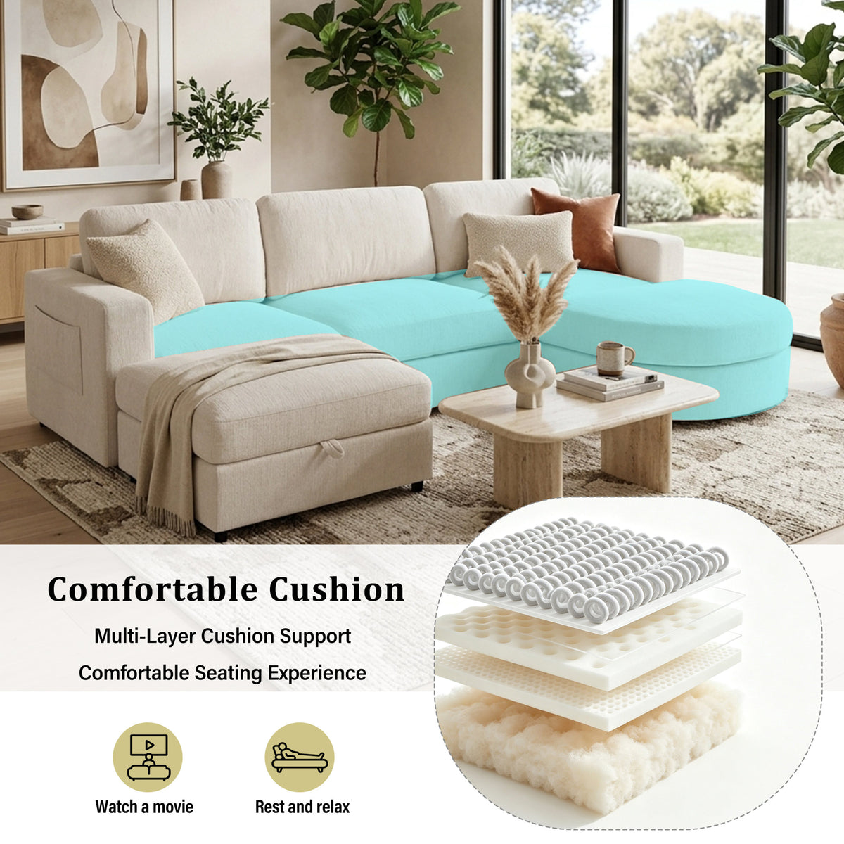 U-Style 102.4" U Shaped Sectional Sofa, Chenille Modular Couch with Curved Ottoman & Storage Ottoman, 3 Seater Sofa with Drop Down Console and 2 Cup Holders, Solid Pine Wood Frame for Living Room